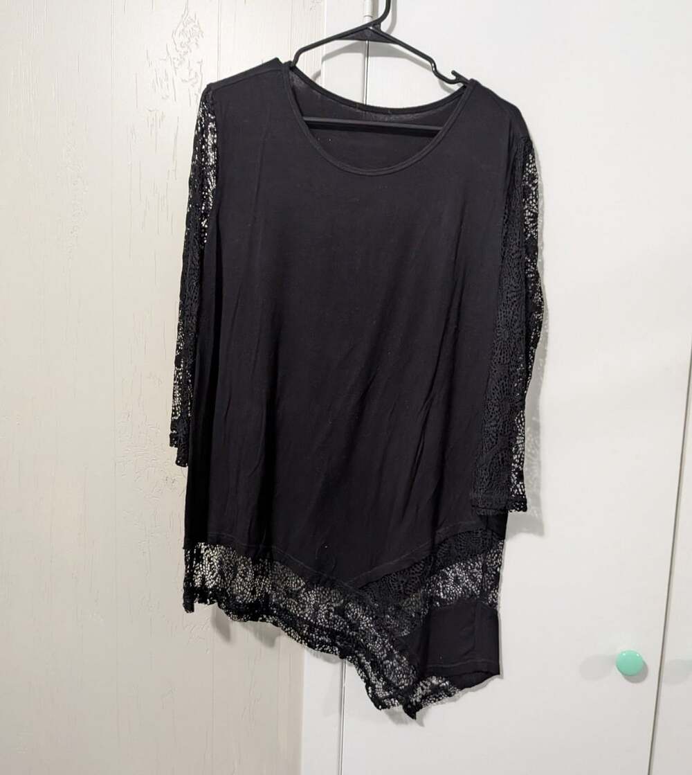 Black Tunic Top Asymmetric Lace Hem Black
